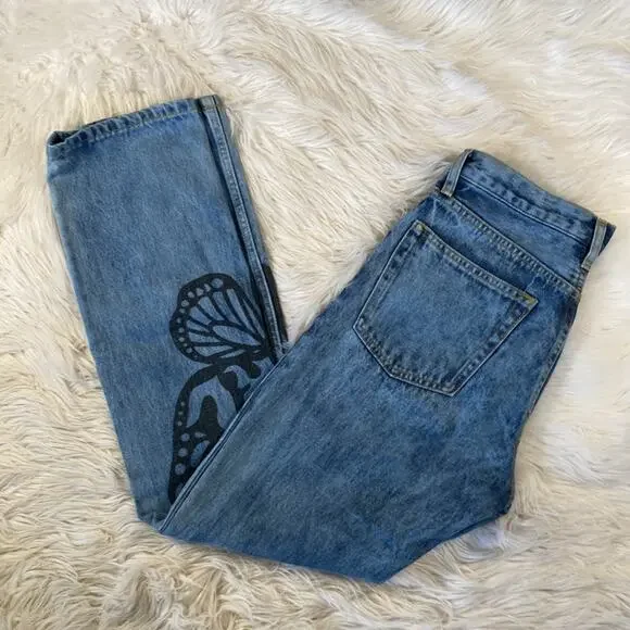🍒[ X-Girl ] Butterfly Print Acid Wash Straight Leg Jeans - Picture 12 of 15